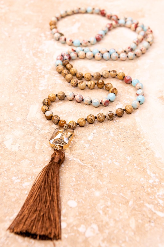 Taylor 25" Amazonite and Sandstone Tassel Necklace