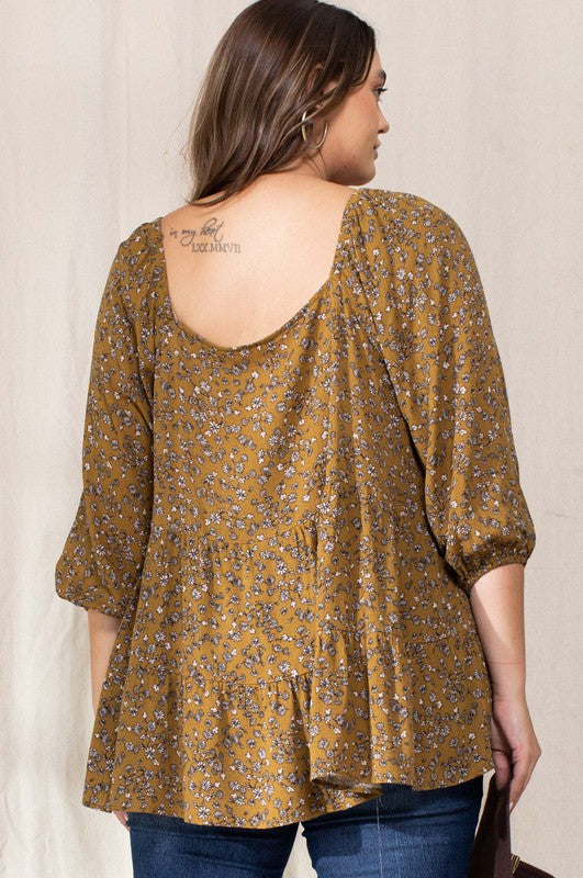 Count the Joy Floral Tiered Top in Golden Mustard - Curvy