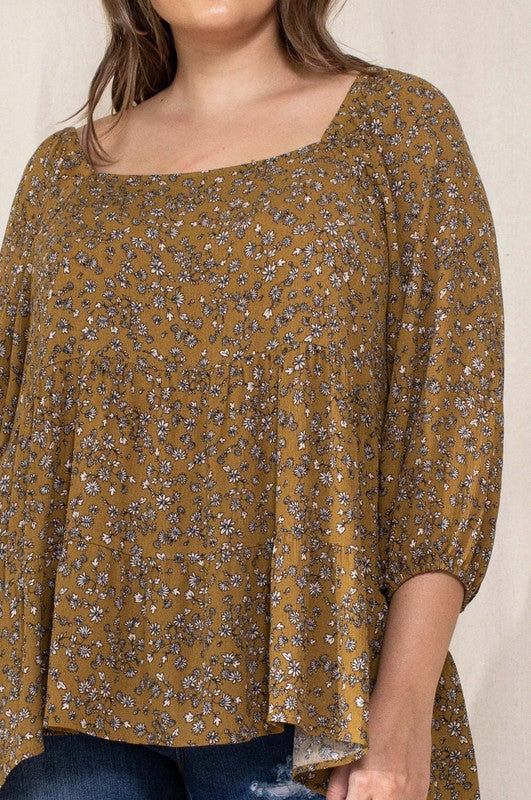 Count the Joy Floral Tiered Top in Golden Mustard - Curvy