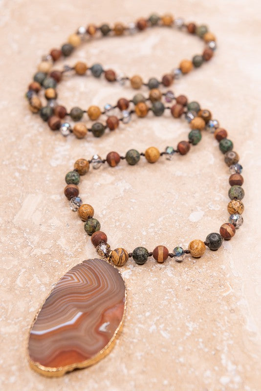 Trisha Natural Stone and Glass Bead 32" Necklace in Green/Brown