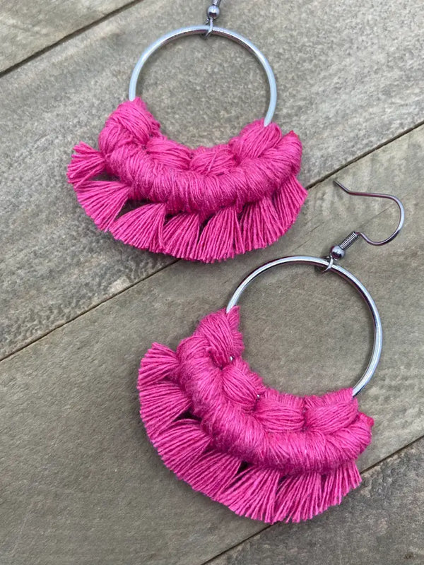 Free Spirit Macrame Earrings in Hot Pink and Silver - Small