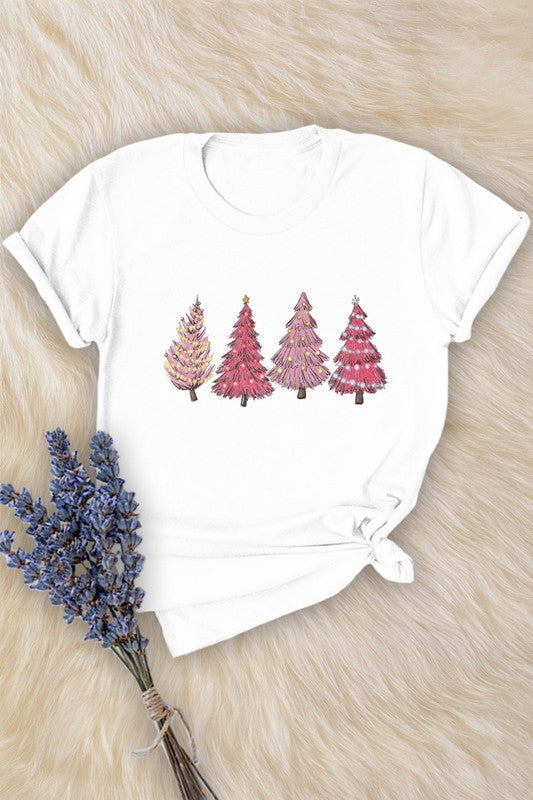 Pink Christmas Trees Graphic Tee in White