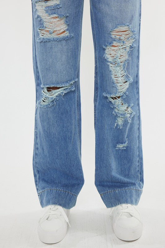 The Melissa Distressed Overall in Medium Wash by Kan Can