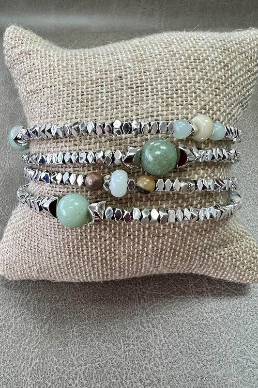Kayla Silver and Natural Stone Beaded Coil Bracelet
