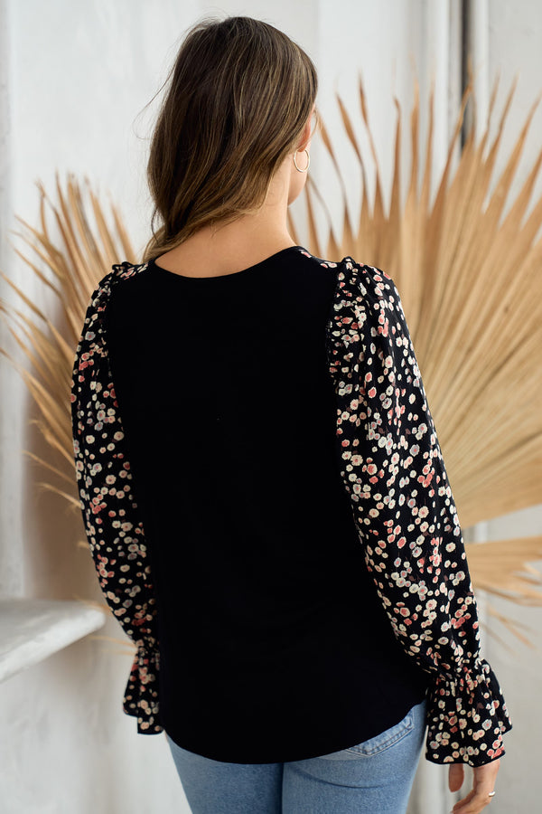 Meet You There Floral Sleeve Top in Black - Curvy