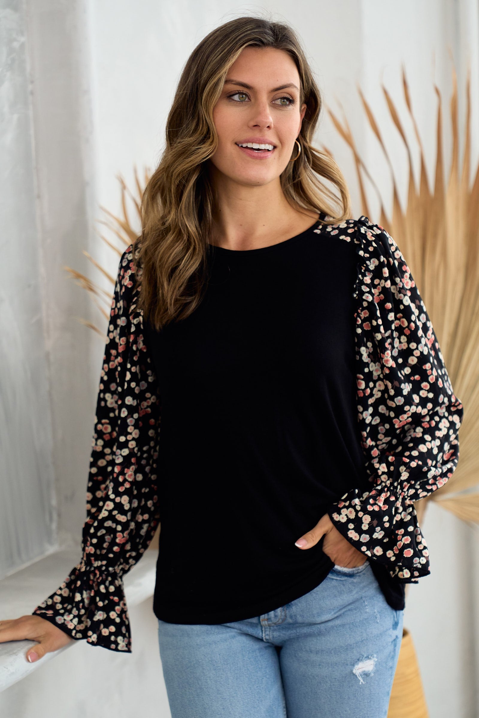 Meet You There Floral Sleeve Top in Black - Curvy
