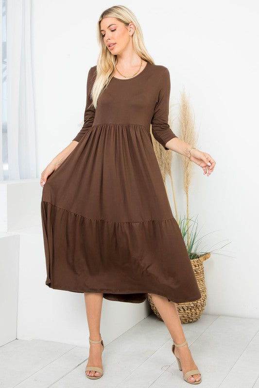 A Joy Forever Tiered Midi Dress in Brown - Curvy