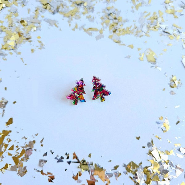 Sparkly Confetti Tree Stud Earrings in Pink