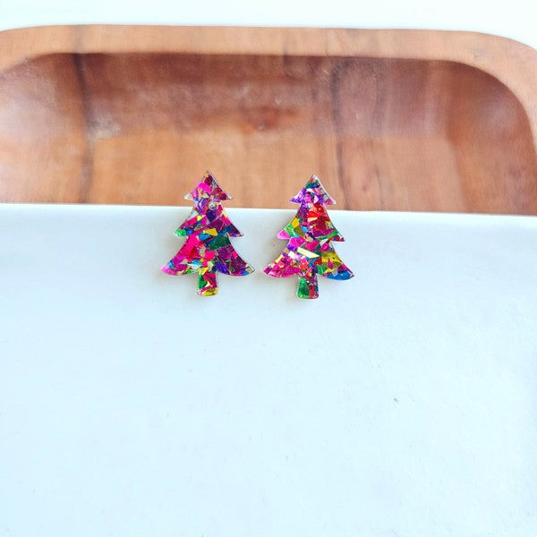 Sparkly Confetti Tree Stud Earrings in Pink