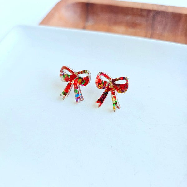 Sparkly Glitter Bow Stud Earrings in Red