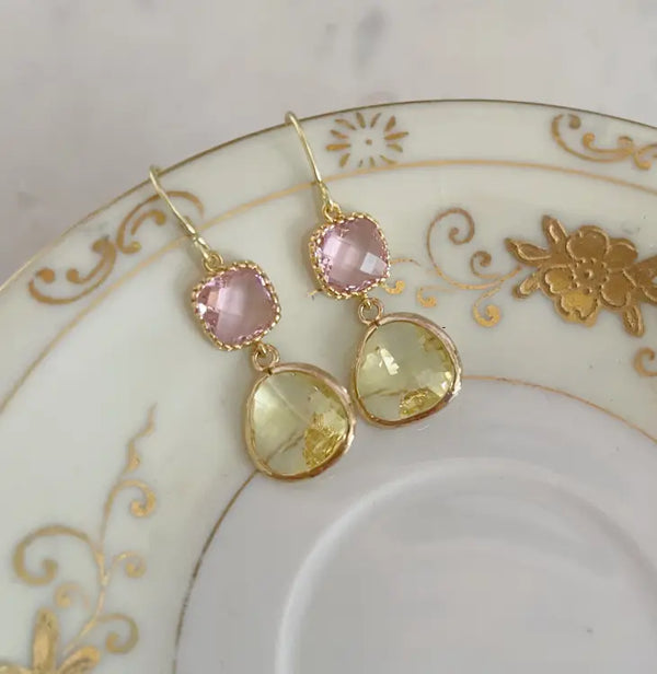 Dazzle 14K Gold Plated Gem Earrings in Light Pink and Citrine Yellow