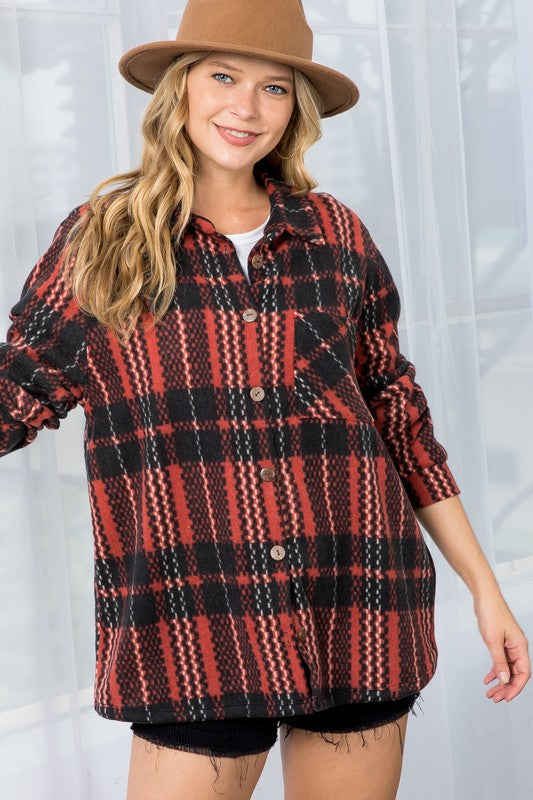 Here For Fall Fuzzy Plaid Shacket in Rust - Curvy
