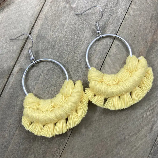 Free Spirit Macrame Earrings in Silver and Yellow