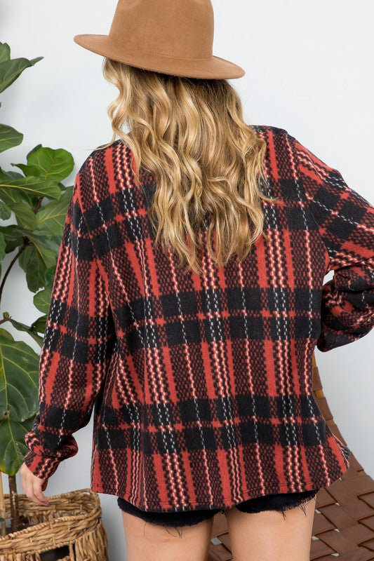 Here For Fall Fuzzy Plaid Shacket in Rust