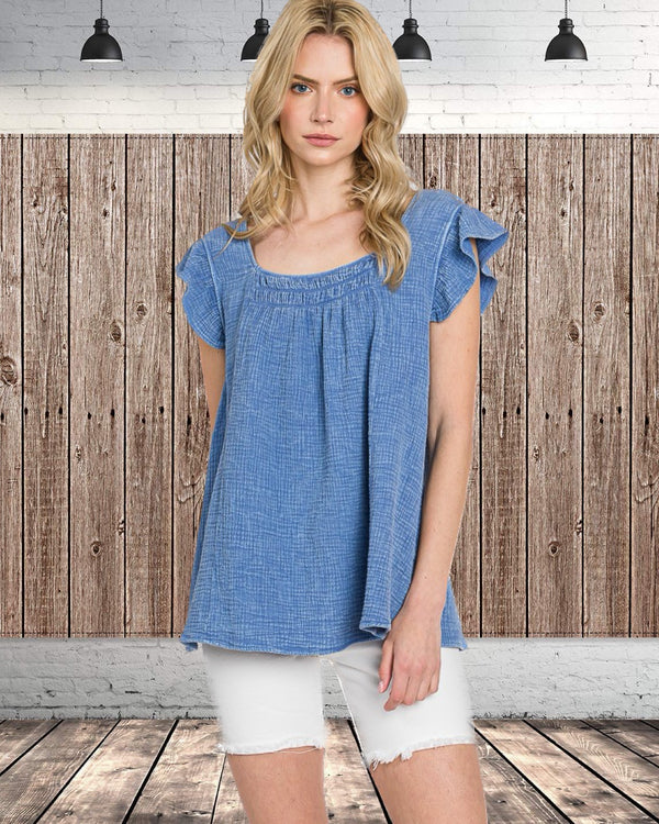Passport Ready! Mineral Dyed Smocked Gauze Top in Denim Blue