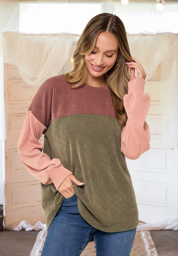 Rhyme and Reason Color Block Top in Rust/Cocoa/Olive