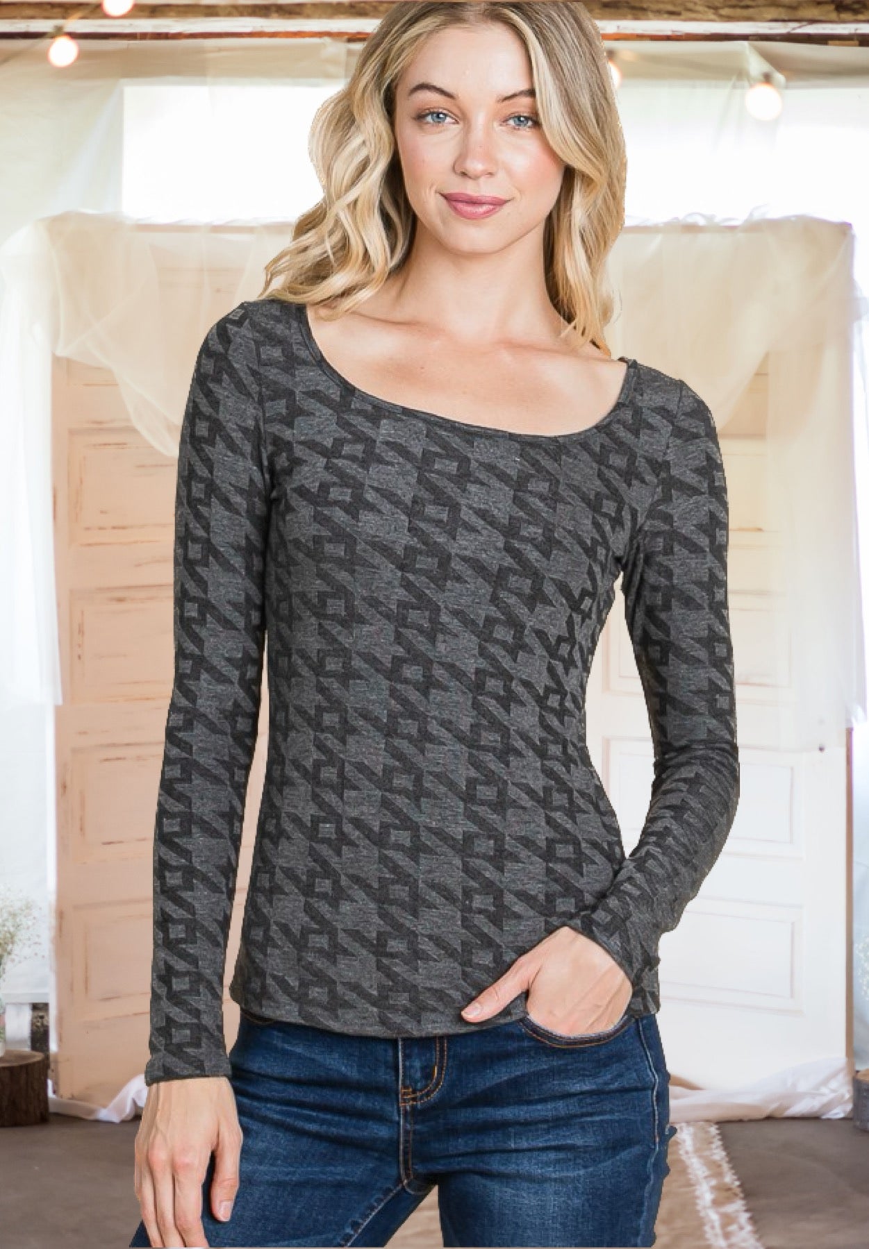 In My Element Houndstooth Tee in Charcoal