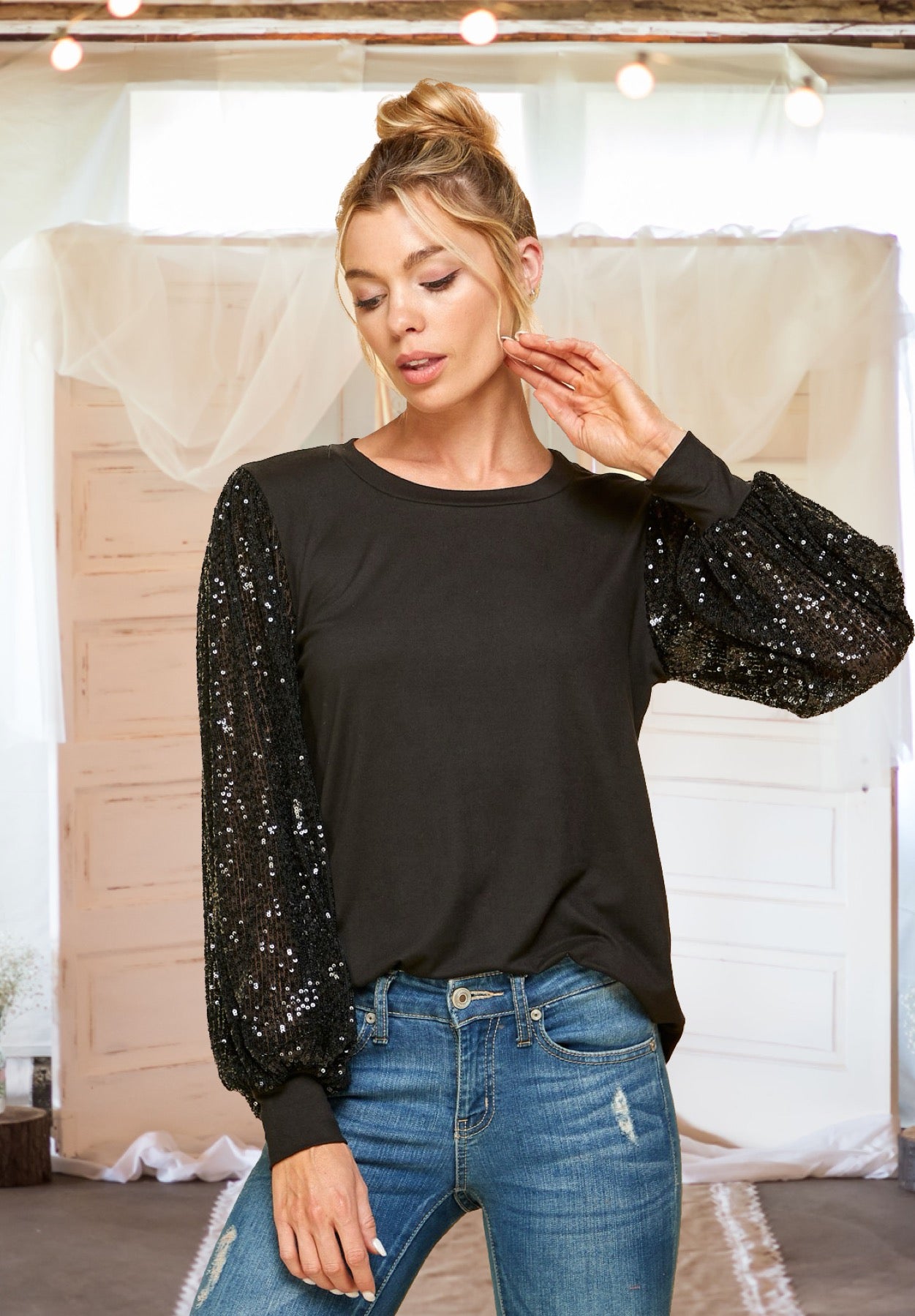 Season to Sparkle Sequin Sleeve Top in Black