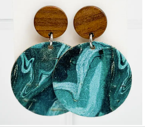 Nice to Meet You Cork and Leather Earrings in Emerald/Aqua Marble